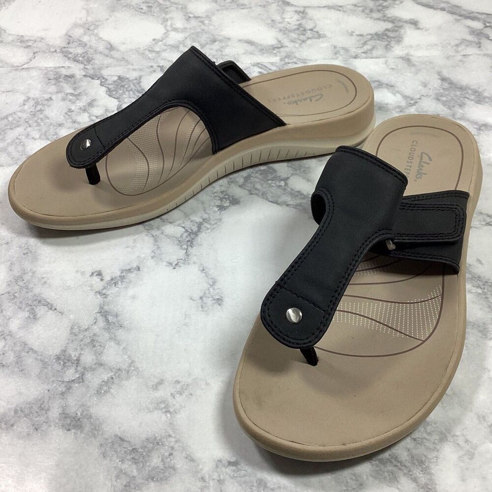 Clarks Glide Walk Womens Size 9 Black T Strap Cloudsteppers Thong Sandals